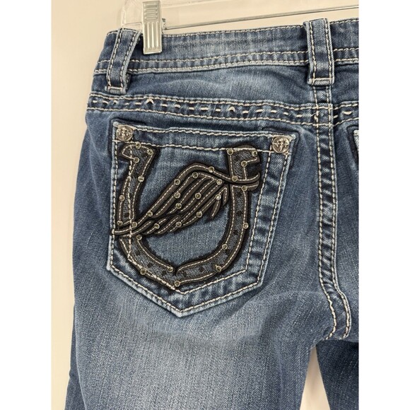 Miss Me Signature Capris Jeans Size 27 Horseshoe Angel Wings 30" x  20.5" EUC - Picture 6 of 16